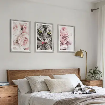 Cat in pink flowers framed wall art set of 3 pieces