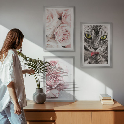 Set of 3 framed wall art pieces Cat in pink flowers