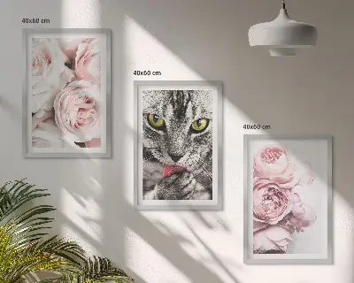 Cat in pink flowers framed wall art set of 3 pieces
