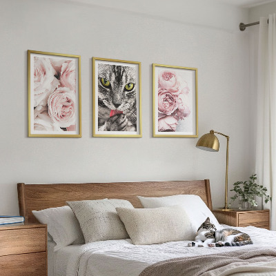 Set of 3 framed wall art pieces Cat in pink flowers