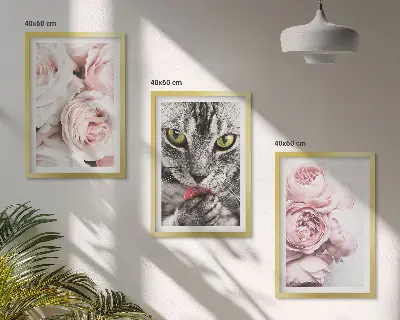 Cat in pink flowers framed wall art set of 3 pieces