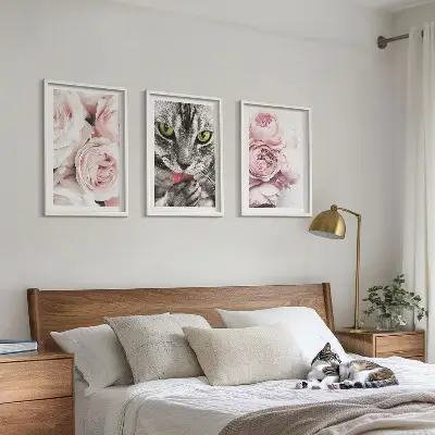 Cat in pink flowers framed wall art set of 3 pieces