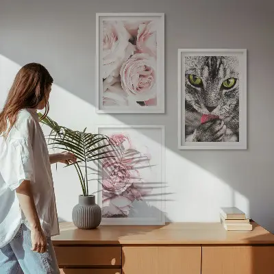 Cat in pink flowers framed wall art set of 3 pieces