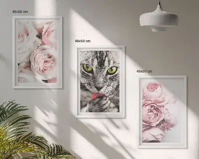 Cat in pink flowers framed wall art set of 3 pieces