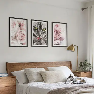 Cat in pink flowers framed wall art set of 3 pieces
