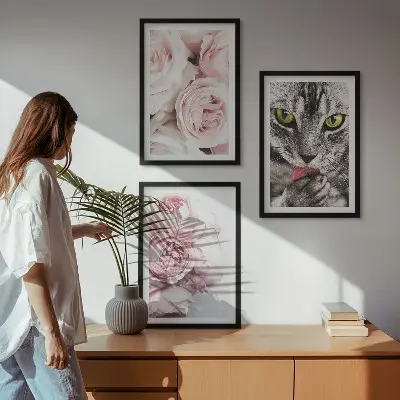 Cat in pink flowers framed wall art set of 3 pieces