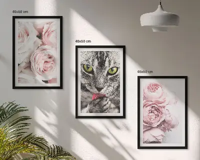 Cat in pink flowers framed wall art set of 3 pieces