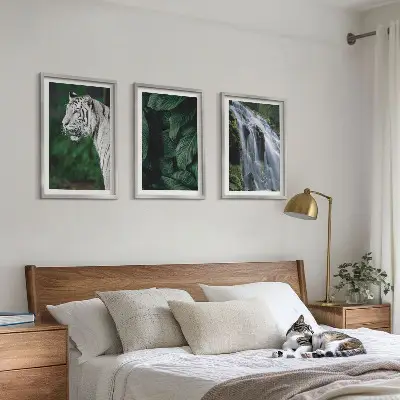 White tiger leaves waterfall wall art set of 3 framed pieces
