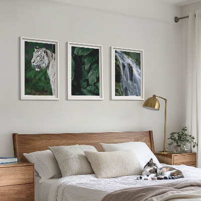 Set of 3 framed wall art pieces White tiger leaves waterfall