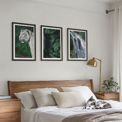 Set of 3 framed wall art pieces White tiger leaves waterfall