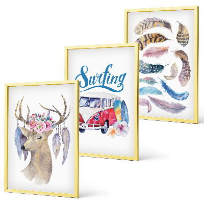 Three-piece wall art piece Antlered deer flowers van