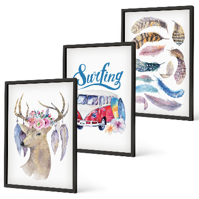 Three-piece wall art piece Antlered deer flowers van