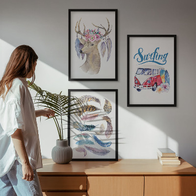 Three-piece wall art piece Antlered deer flowers van