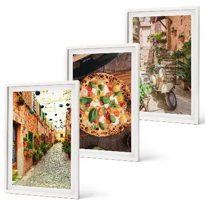Set of 3 framed wall art pieces featuring charming streets with pizza