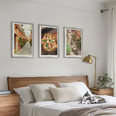 Set of 3 framed wall art pieces featuring charming streets with pizza