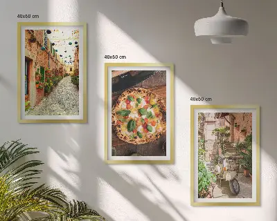 Set of 3 framed wall art pieces featuring charming streets with pizza