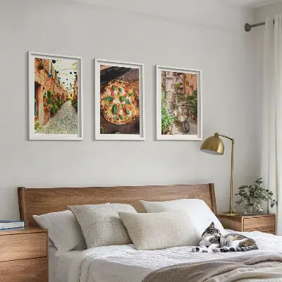 Set of 3 framed wall art pieces featuring charming streets with pizza