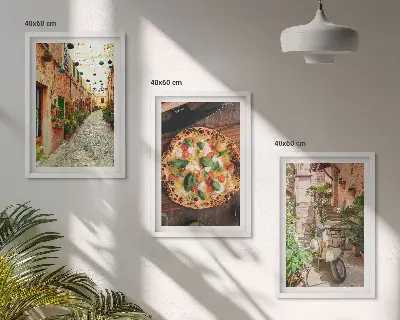 Set of 3 framed wall art pieces featuring charming streets with pizza