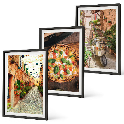Set of 3 framed wall art pieces Charming streets with pizza