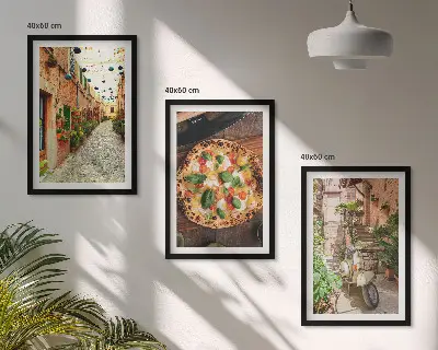 Set of 3 framed wall art pieces featuring charming streets with pizza