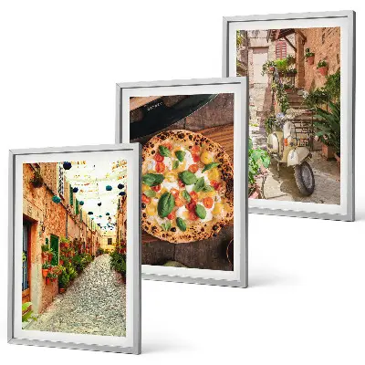 Set of 3 framed wall art pieces featuring charming streets with pizza