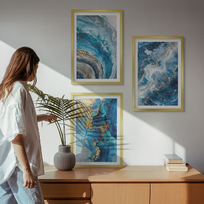 Set of 3 framed wall art pieces Blue abstract patterns