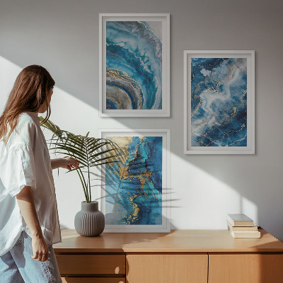 Set of 3 framed wall art pieces Blue abstract patterns