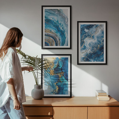 Set of 3 framed wall art pieces Blue abstract patterns