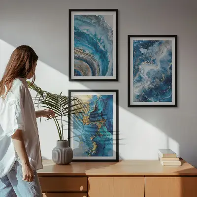 Blue abstract pattern framed wall art set of 3 pieces