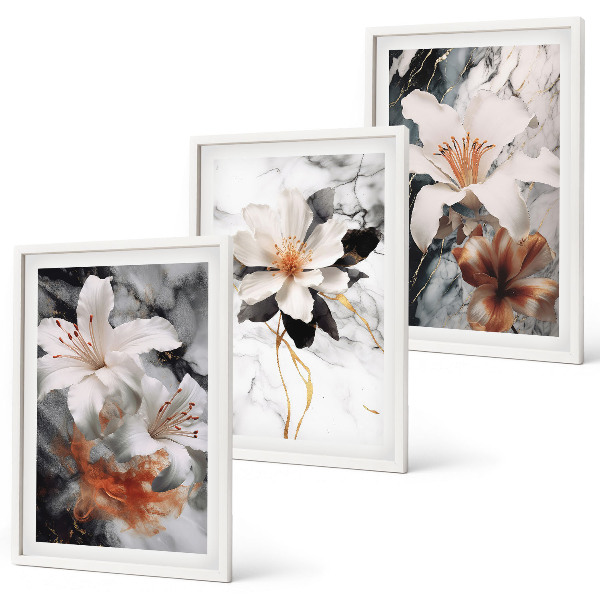 Wall art set Flowers marble white black