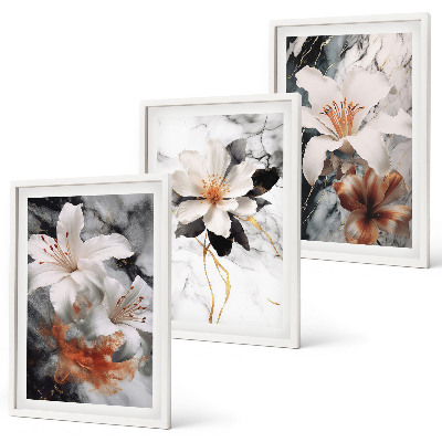 Wall art set Flowers marble white black