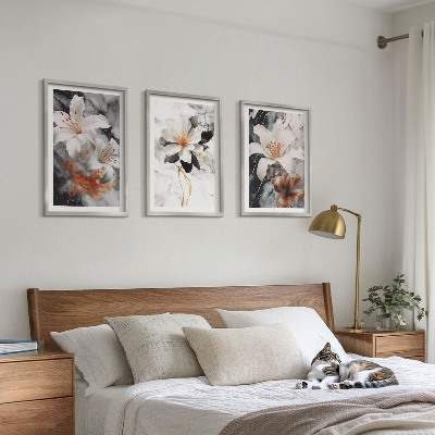 Wall art set Flowers marble white black