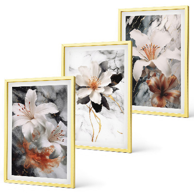 Wall art set Flowers marble white black
