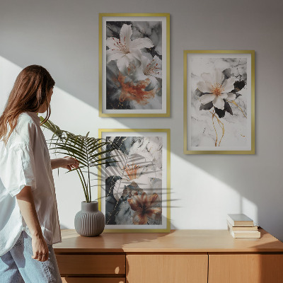 Wall art set Flowers marble white black