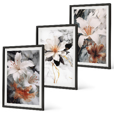 Wall art set Flowers marble white black