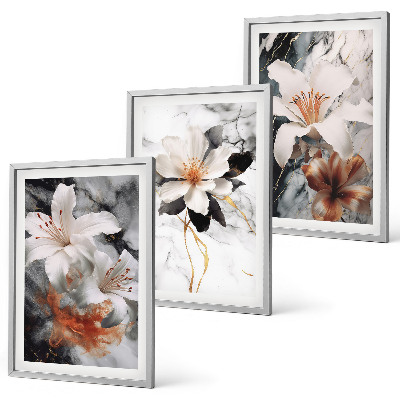 Wall art set Flowers marble white black