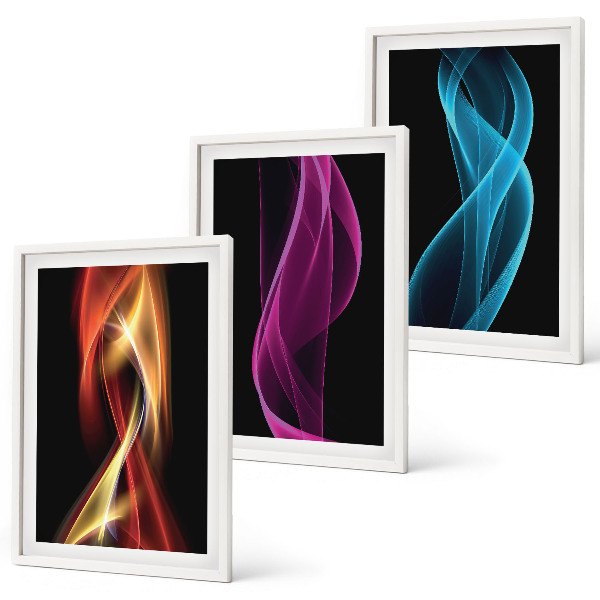 Three-piece wall art piece Neon waves lines dark background