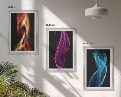 Three-piece wall art piece Neon waves lines dark background