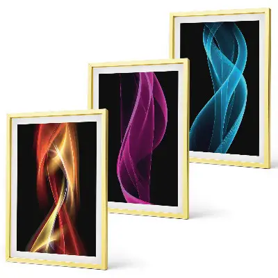 Three-piece wall art set neon waves lines on a dark background
