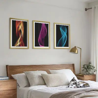 Three-piece wall art set neon waves lines on a dark background
