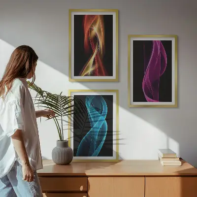 Three-piece wall art set neon waves lines on a dark background