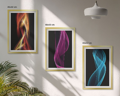 Three-piece wall art piece Neon waves lines dark background