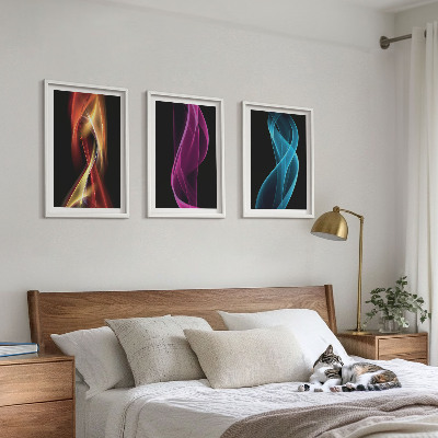 Three-piece wall art piece Neon waves lines dark background