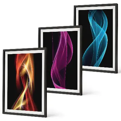 Three-piece wall art set neon waves lines on a dark background