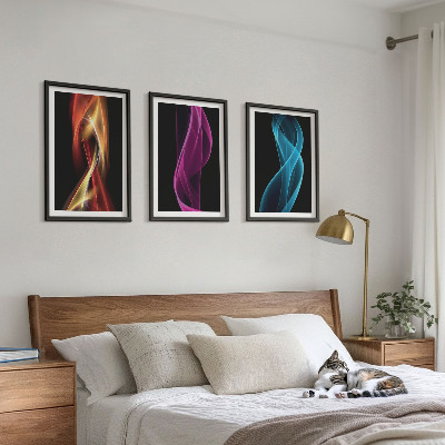 Three-piece wall art piece Neon waves lines dark background