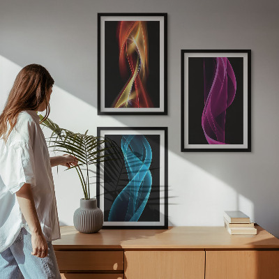 Three-piece wall art piece Neon waves lines dark background
