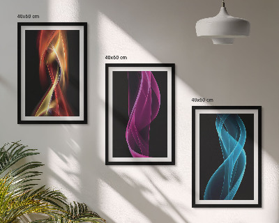 Three-piece wall art piece Neon waves lines dark background