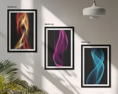 Three-piece wall art set neon waves lines on a dark background