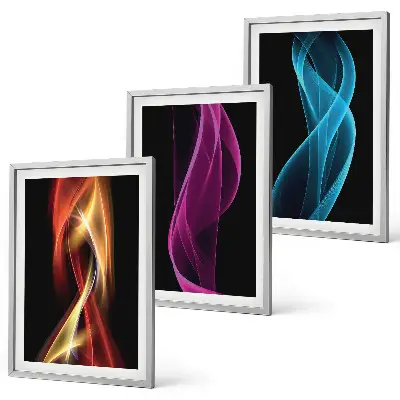 Three-piece wall art set neon waves lines on a dark background