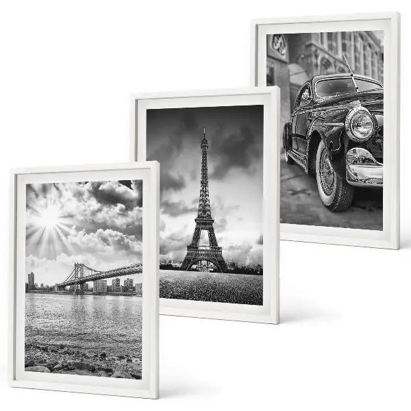 Set of 3 framed wall art pieces city views and bridges with the Eiffel Tower